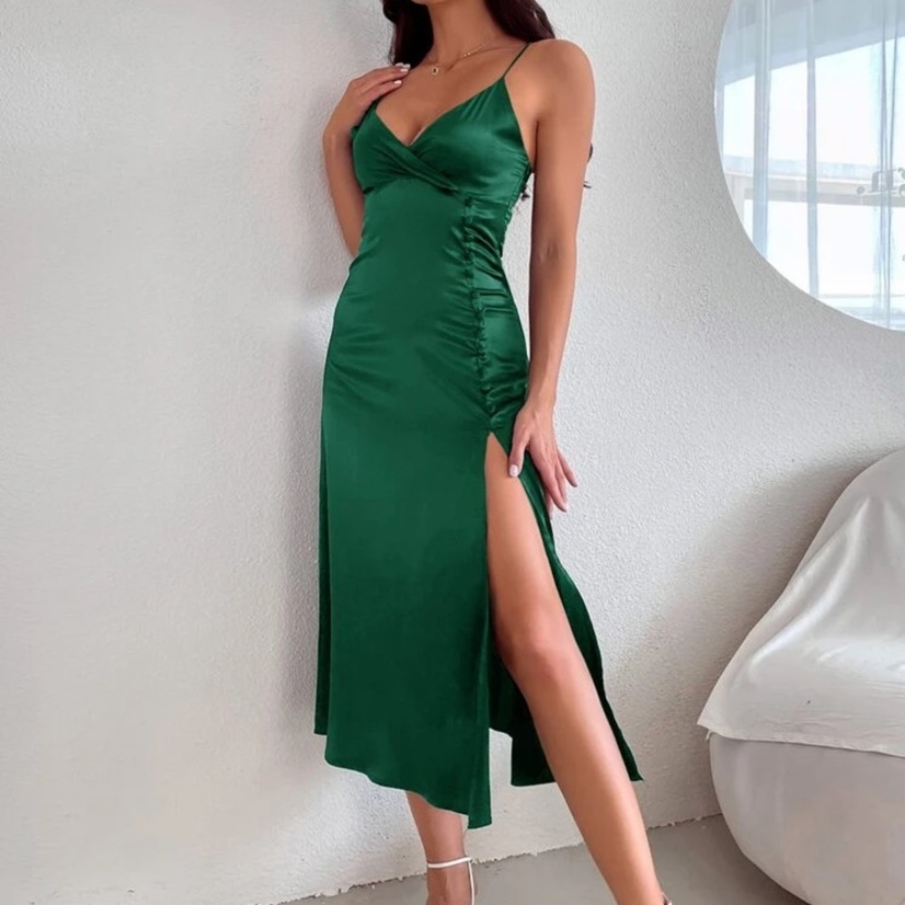 Satin split side ruched cami dress